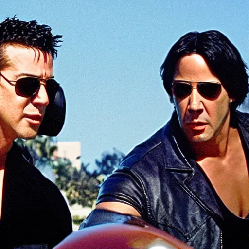 Image similar to film still of Vin Diesel as Domenic Toreto and Keanu Reeves as Brian O’Conner in a high speed chase in Fast and the Furious