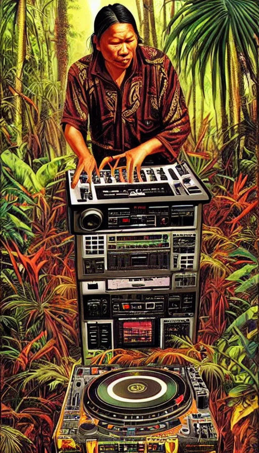 Prompt: an indigenous man deejing with pioneer cdj 3 0 0 0 turntables in the jungle, poster art by daniele caruso, benediktus budi, jason edmiston, vc johnson, powell peralta