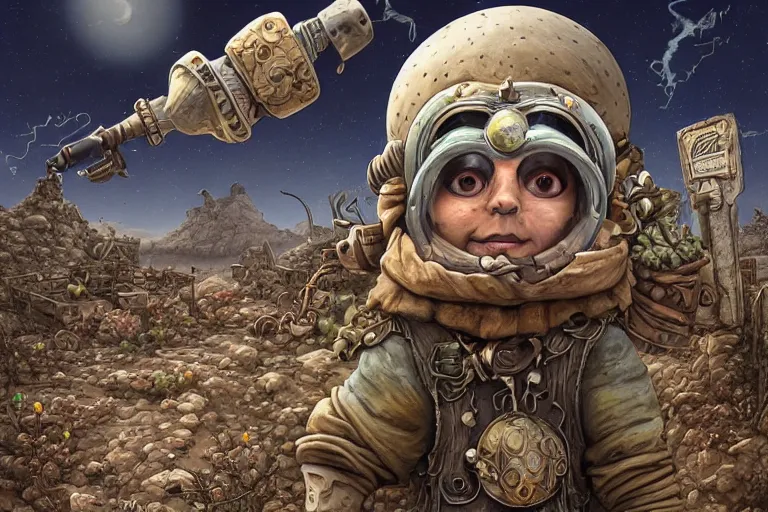 Image similar to a highly detailed forgotten garden gnome wearing goggles and head scarf surviving in a vast barren desert, hopeless wasteland background with a relentless raging sun overhead, post - apocalyptic road warrior vibe, dynamic pose, an ultrafine detailed painting by joe fenton, trending on deviantart, pop surrealism, whimsical, lowbrow, perfect symmetrical face, sharp focus, octane, masterpiece