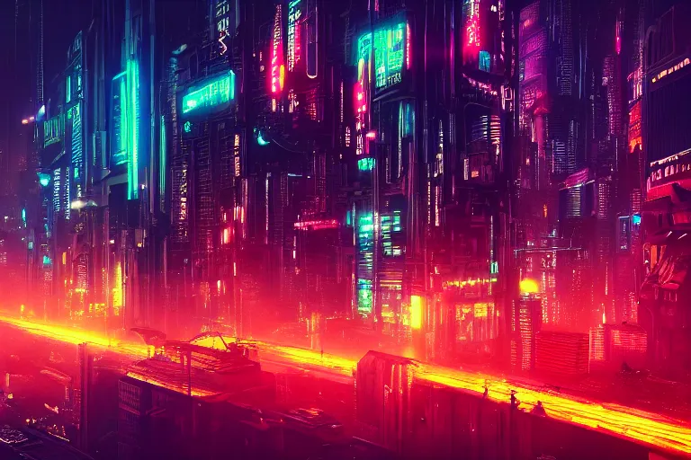 Image similar to dense and detailed dystopian cyberpunk city skyline at night, multicolored neon lights, 8k