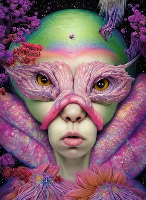 Image similar to hyper detailed 3d render like a Oil painting - kawaii portrait Aurora (a skeksi from dark crystal that looks slightly like an evil Anya Taylor-Joy) seen Eating of the Strangling network of yellowcake aerochrome and milky Fruit and His delicate Hands hold of gossamer polyp blossoms bring iridescent fungal flowers whose spores black the foolish stars by Jacek Yerka, Ilya Kuvshinov, Mariusz Lewandowski, Houdini algorithmic generative render, Abstract brush strokes, Masterpiece, Edward Hopper and James Gilleard, Zdzislaw Beksinski, Mark Ryden, Wolfgang Lettl, hints of Yayoi Kasuma, octane render, 8k