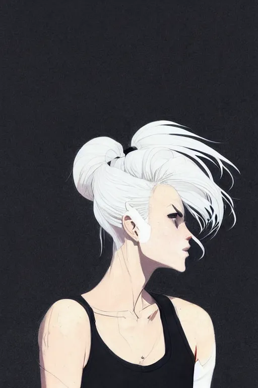 Image similar to a ultradetailed beautiful painting of a stylish woman in with white hair in a ponytail, she is wearing a black tank top, by conrad roset, greg rutkowski and makoto shinkai trending on artstation