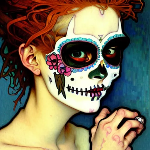 Image similar to realistic detailed painting of a cute punk Día de los Muertos girl by Alphonse Mucha Egon Schiele Ayami Kojima Amano Charlie Bowater, masterpiece