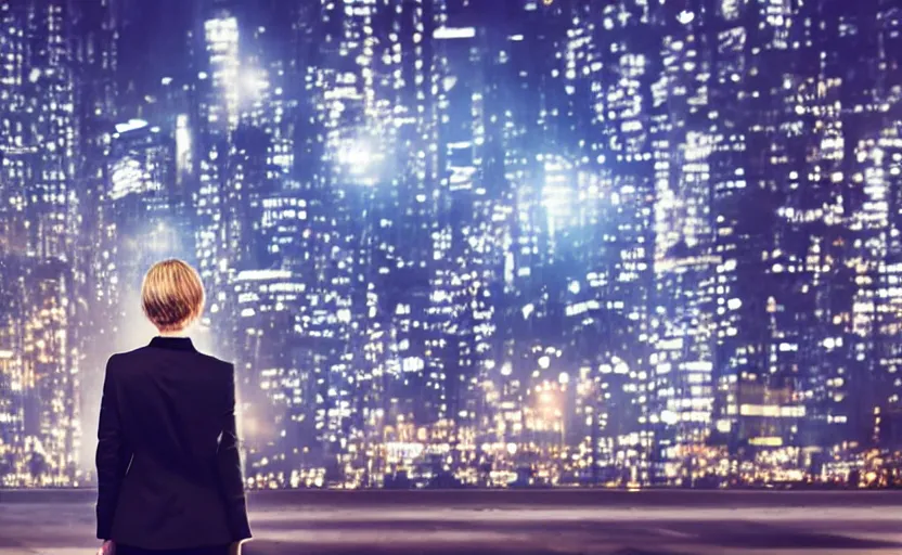 Image similar to a wide shot of a woman with a wool suit, short hair, blurred face, wearing an omega speedmaster on her wrist in front of a crowded dystopian city at night with cyberpunk lights