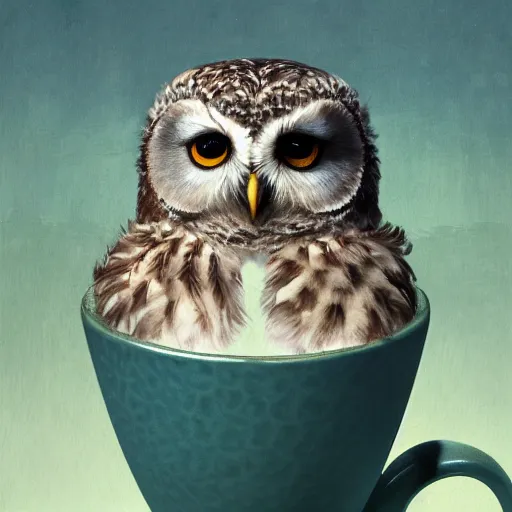 Prompt: long shot of a very cute owl chick sitting inside a very beautiful cup, by esao andrews, by james jean, marc simonetti, by victo ngai, humorous illustration, hyperrealistic, big depth of field, fresh colors, dim light, 3 d octane render conceptart, 4 k, hyperdetailed, trending on artstation