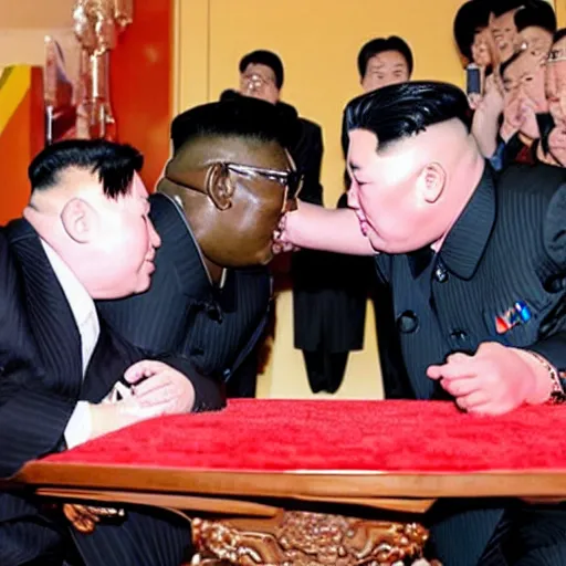 Prompt: kim jong un and dennis rodman passionately kissing under a table