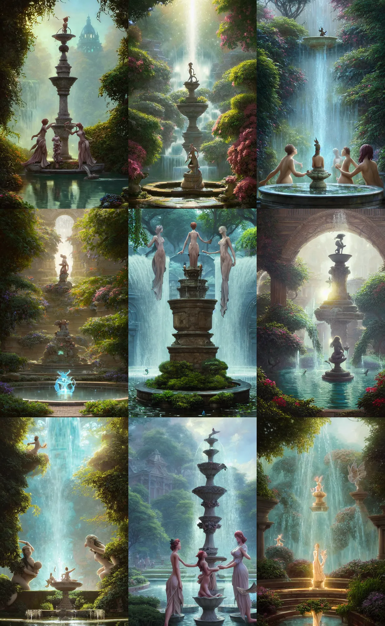 Prompt: a statue of three nymphs circling a fountain, beautiful atmosphere, by stephen bliss, unreal engine, fantasy art by greg rutkowski, loish, rhads, ferdinand knab, makoto shinkai and lois van baarle, ilya kuvshinov, rossdraws, tom bagshaw, global illumination, detailed and intricate environment