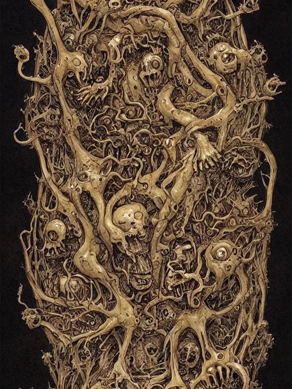 Prompt: A horror illustration design of a Necronomicon from hell revealing the fate of mankind,by James Jean and M.W.kaluta and james c. christensen and aaron horkey and peter gric,trending on pinterest,medieval,ossuary,rococo,fractalism,maximalist,glittering,feminine