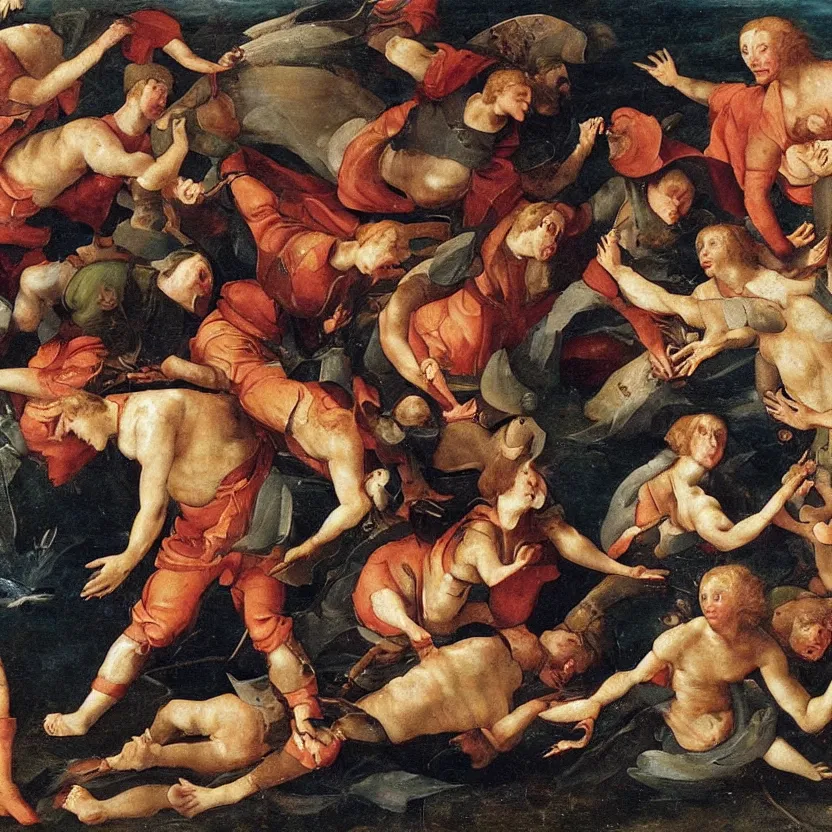 Prompt: fish with human arms and legs, food fight scene. renaissance painting - n 6