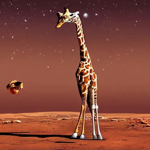 Image similar to giraffe dressed as an astronaut on mars looking for mushrooms digital art