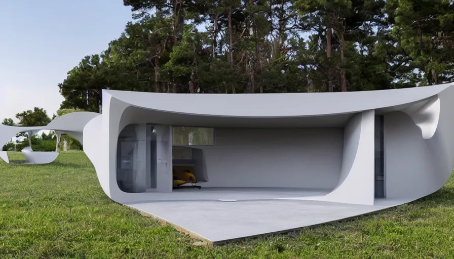 Image similar to A wide image of a full innovative contemporary 3D printed prefab cabin with rounded corners, beveled edges, made of cement, organic architecture, Designed by Gucci, Balenciaga, and Wes Anderson