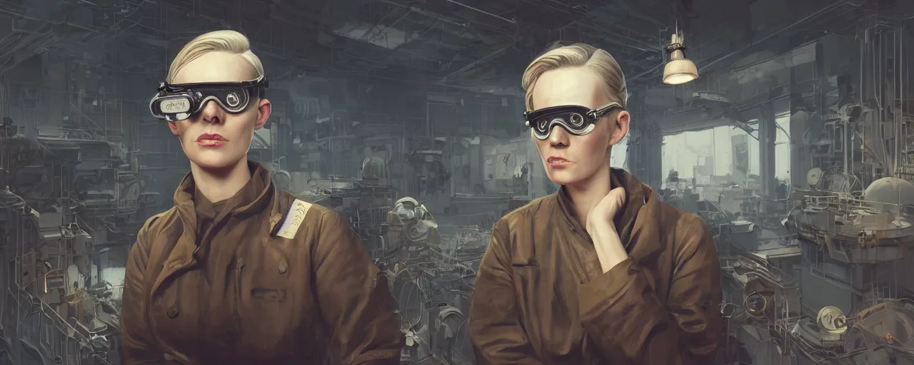 Prompt: illustration 3 / 4 portrait of stoic heroic emotionless butch blonde woman engineer with short slicked - back hair, wearing victorian goggles, no makeup, awkward and uncomfortable and anxious, dirty, dynamic composition by sergey kolesov. industrial space program, scifi, hyper detailed. octane render. concept art. trending on artstation