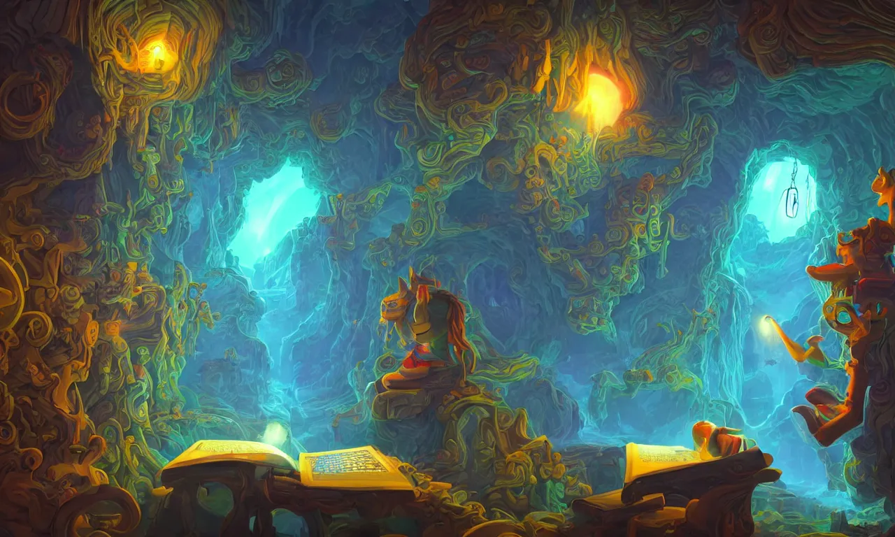 Image similar to workstations, kerberos realm, faked ticket close up, wizard reading a directory, colorful ravine, 3 d art, digital illustration, perfect lighting