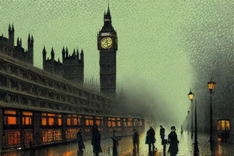 Prompt: sherlock holmes, victorian foggy london, full color, artstation, trending, intricate lining, post - impressionism, neo - impressionism, pointillism, by vincent van go