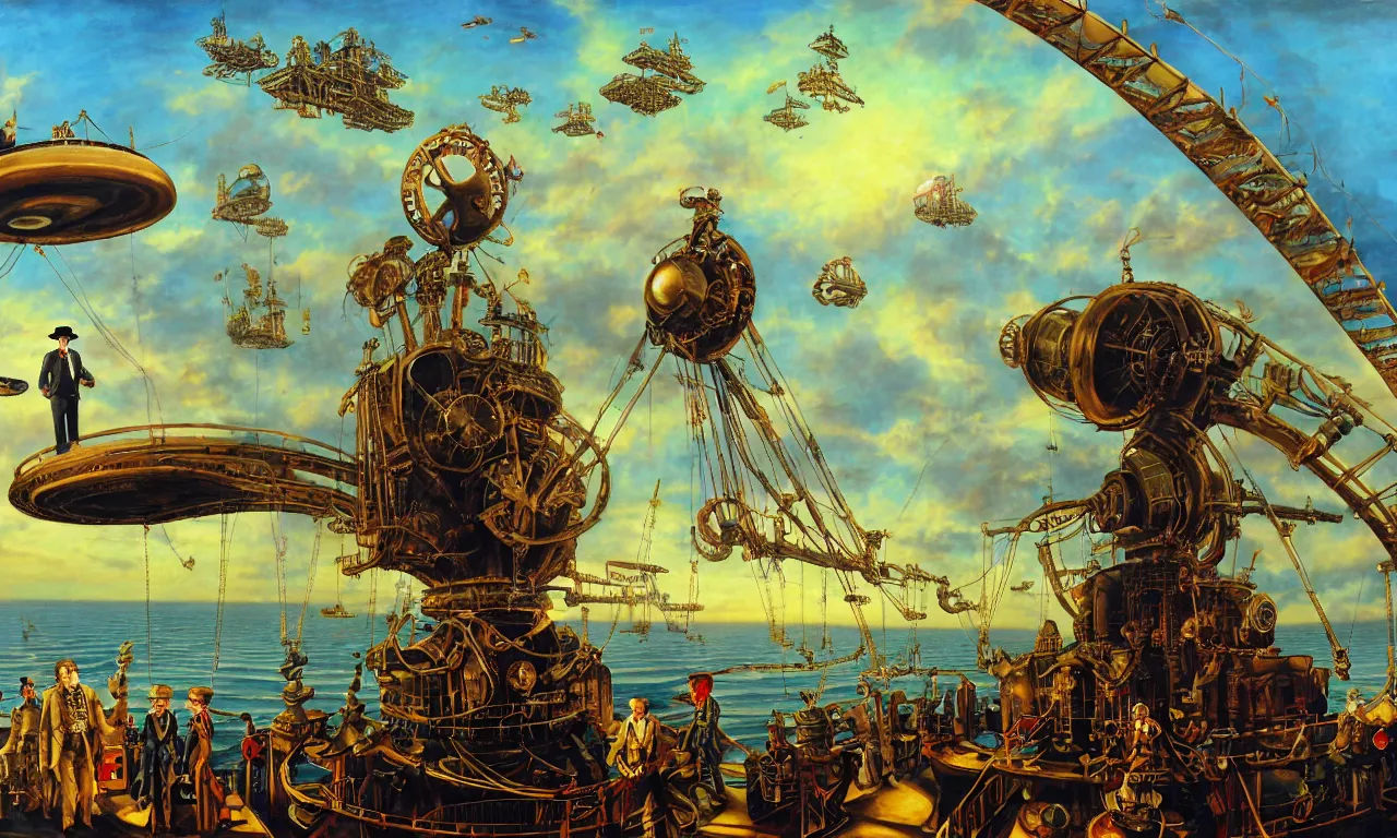 Image similar to close up of a gentleman navigator standing on deck of his steampunk zeppelin flying over a vast ocean of a very large language model, observing giant flying robot harvesters collecting data relations in the background, painted by josh kirby, ligne claire, very detailed and colorful, low light, sundown