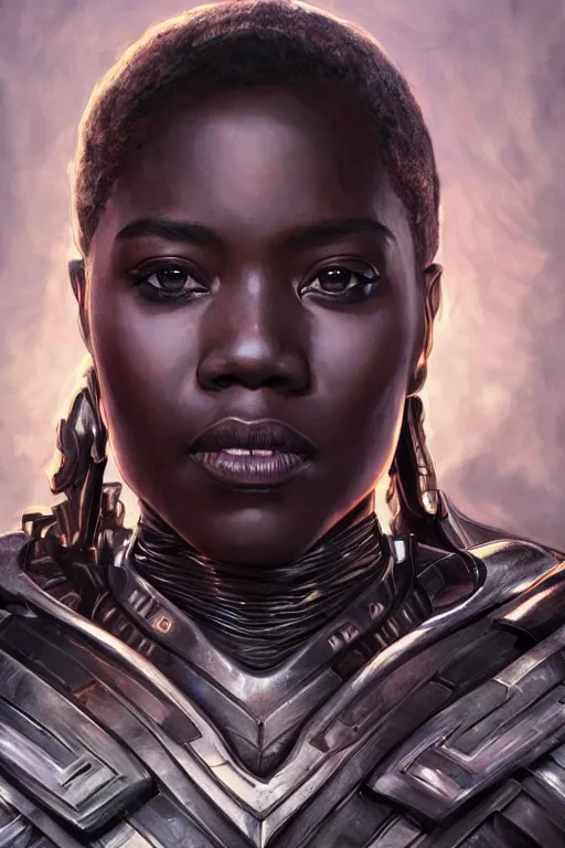 Image similar to ultra realistic illustration, closeup portrait shot, wakandan warrior in game kf thrones chair, perfect lighting, hacknaut cyberpunk, sci - fi, fantasy, intricate, elegant, highly detailed, digital painting, artstation, concept art, smooth, sharp focus, illustration, art by artgerm and greg rutkowski and alphonse mucha