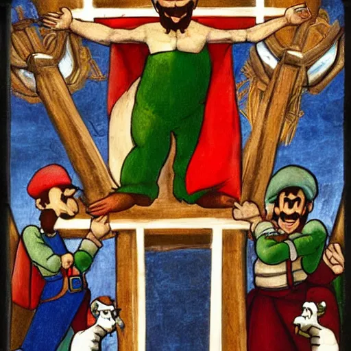 Image similar to mario and luigi at the crucifixion of christ in the style of raphael