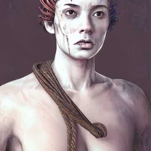 Image similar to portrait of a Shibari rope wrapped face and neck, headshot, insanely nice professional hair style, dramatic hair color, digital painting, of a old 15th century, roman gladiatorr, amber jewels, baroque, ornate clothing, scifi, realistic, hyperdetailed, chiaroscuro, concept art, art by Franz Hals and Jon Foster and Ayami Kojima and Amano and Karol Bak,