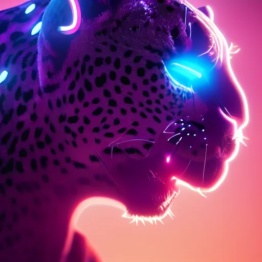 Image similar to closeup profile shot of neon cybernetic cheetah, city lights, strong bokeh, dramatic, cinematic, high contrast, octane render, artstation, 4k