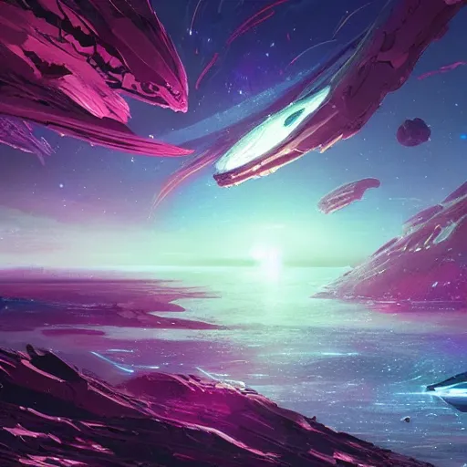 Image similar to concept art of an alien outer space galaxy, open expanse, stars, meteorites, floating debris, beautiful, fantasy, colorful, cinematic lighting, artstation, trending, highly detailed, focus, smooth, by studio ghibli, rossdraws, hirohiko araki, conrad roset, yoshitaka amano