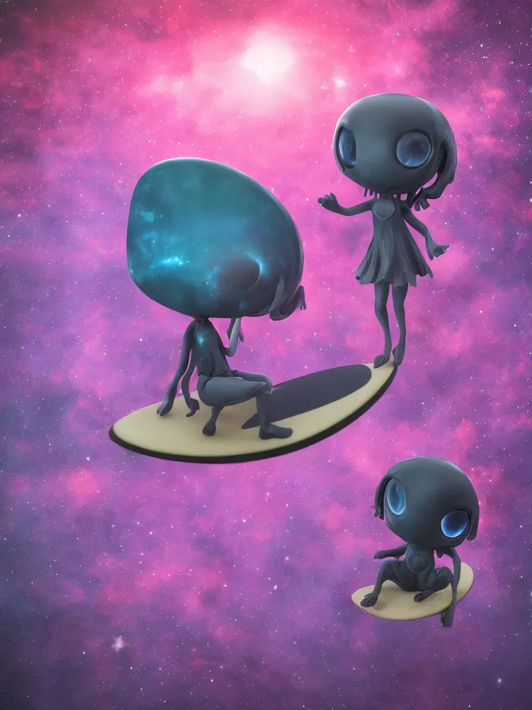 Image similar to cute fumo plush gothic maiden alien girl riding on a surfboard in the dark galactic abyss, hearts, vignette, vray