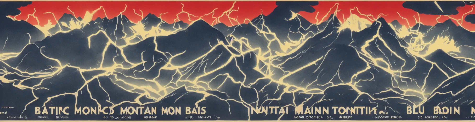 Image similar to balck montain with one lightning bolts in 1940s propaganda poster