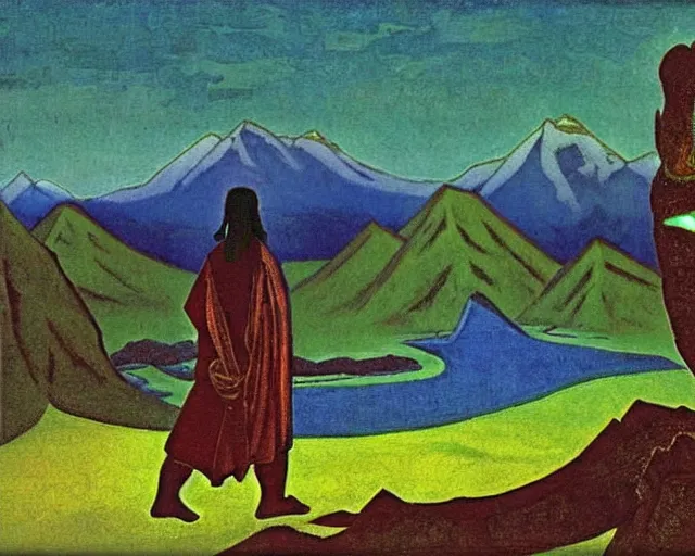 Image similar to ancient godzilla standing in front of altai forest, detailrd painting by roerich