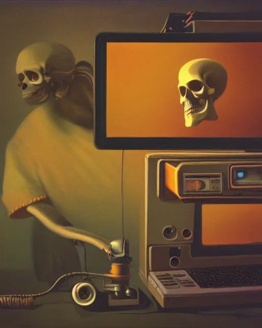 Image similar to a pensive skull observing 8 0 s era technology, vintage shapes, retro technology, vintage color, wayne barlow, oil on canvas, deep depth of field, masterpiece, cinematic composition, hyperdetailed