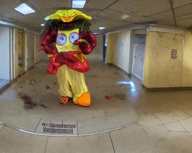 Prompt: camera footage of a extremely Ronald McDonald and the gang with glowing white eyes, False Human Features, in an abandoned shopping mall, Psychic Mind flayer, Terrifying, Insane Ronald McDonald :7 , high exposure, dark, monochrome, camera, grainy, CCTV, security camera footage, timestamp, zoomed in, Feral, fish-eye lens, Fast, Radiation Mutated, Nightmare Fuel, Ancient Evil, No Escape, Motion Blur, horrifying, lunging at camera :4 bloody dead body, blood on floors, windows and walls :5