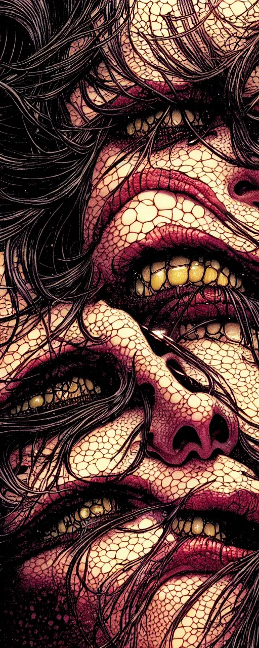 Image similar to closeup of face melting in agony, inside a frame on a tiled wall, frontal picture, by yoichi hatakenaka, masamune shirow, josan gonzales and dan mumford, ayami kojima, takato yamamoto, karol bak