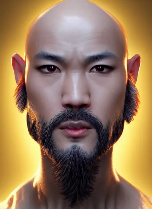 Image similar to bald male martial artist with a high ponytail!!!! asian facial features and blue eyes!! intricate ornate blue robes!! character concept art, sharp focus, octane render! unreal engine 5! highly rendered!! trending on artstation!! detailed linework!! illustration by artgerm, wlop, and chie yoshii