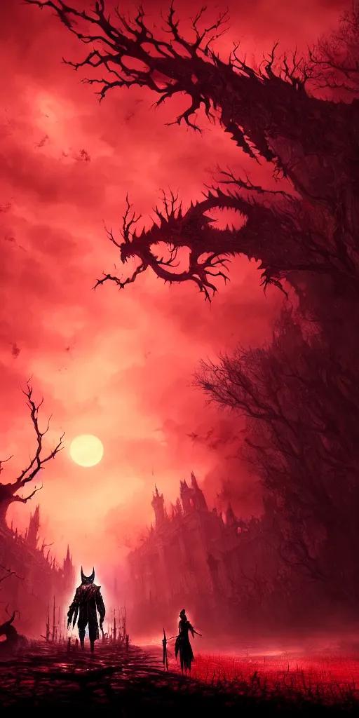 Image similar to abandoned bloodborne old valley with a person at the centre and a dragon at the end, trees and stars in the background, falling red petals, epic red - orange moonlight, perfect lightning, illustration by niko delort and kentaro miura, 4 k, ultra realistic