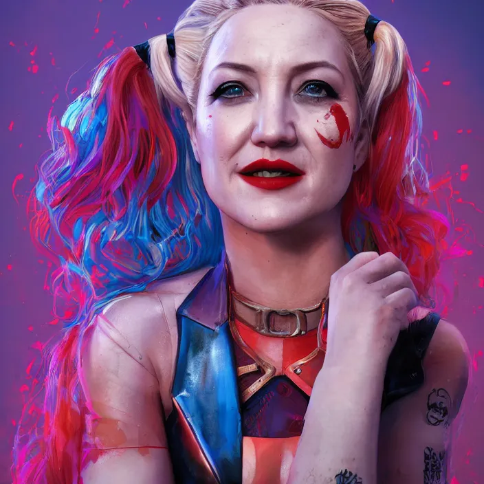 Image similar to portrait of Kate Hudson as a harley quinn. intricate abstract. intricate artwork. by Tooth Wu, wlop, beeple, dan mumford. octane render, trending on artstation, greg rutkowski very coherent symmetrical artwork. cinematic, hyper realism, high detail, octane render, 8k, iridescent accents