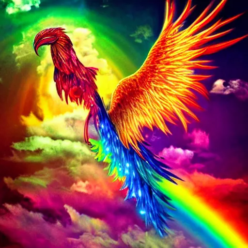 Prompt: prismatic phoenix bursting into rainbow flames, realistic fantasy photography