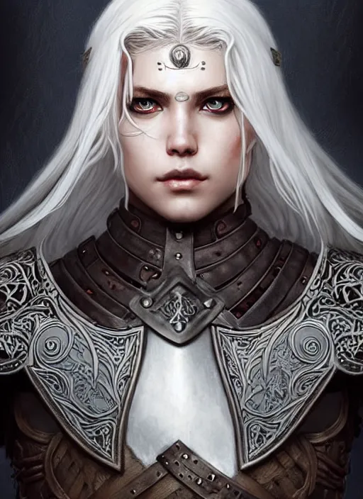 Image similar to warrior, leather armor!!! long wild white hair!! covered chest!!! fantasy, d & d, intricate ornate details, digital painting, pretty face!!, symmetry, concept art, sharp focus, illustration, art by artgerm! greg rutkowski magali villeneuve wlop! ilya kuvshinov!!, octane render