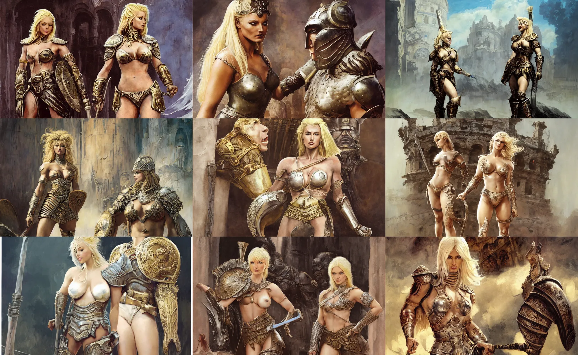 Prompt: A mixed media painting of a beautiful blonde woman warrior in a coliseum, gladiator armor, very aesthetic, curvy, detailed face and eyes, by Frank Frazetta, Boris Vallejo, Greg Rutkowski, Beeple, Yoko Taro, Christian MacNevin, epic fantasy character art, roman numerals, high fantasy, CGsociety, full length, exquisite detail, post-processing, masterpiece, cinematic, coliseum backdrop