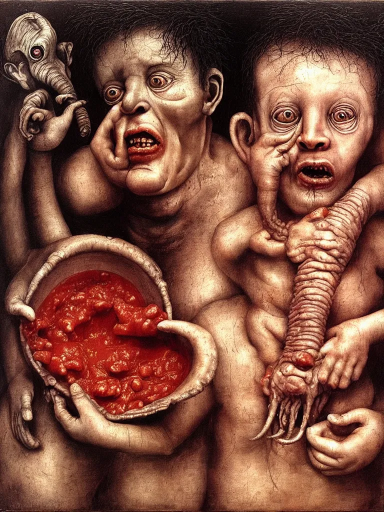 Image similar to a boy like eraserhead and elephant man sitting in a tub full of tomato sauce, looking straight into camera, screaming in desperation, headspace, by rules of composition, by giuseppe arcimboldo and ambrosius benson, renaissance, fruit, intricate and intense oil paint, a touch of beksinski and hr giger and edward munch, realistic