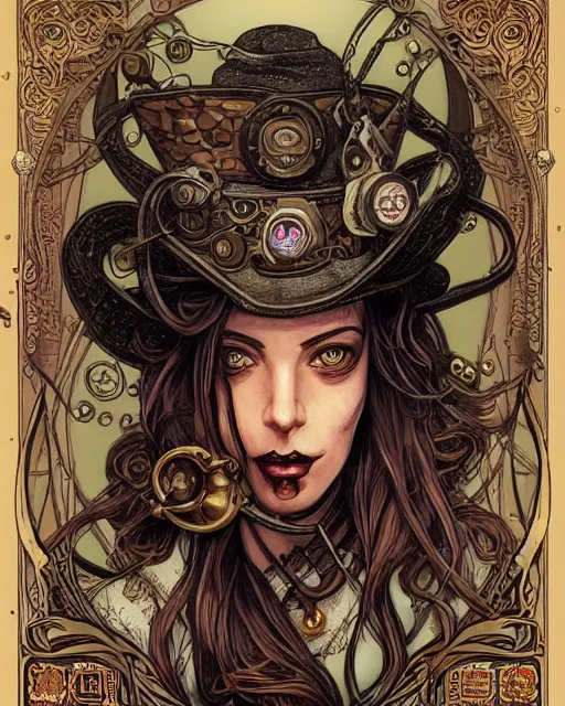 Prompt: a detailed portrait illustration of a steampunk wizard. beautiful female face. art nouveau, pop art, comic book style. influenced by neil gaiman, h. p. lovecraft, dan mumford, brian froud, rexie nem, killian eng, ross tran.