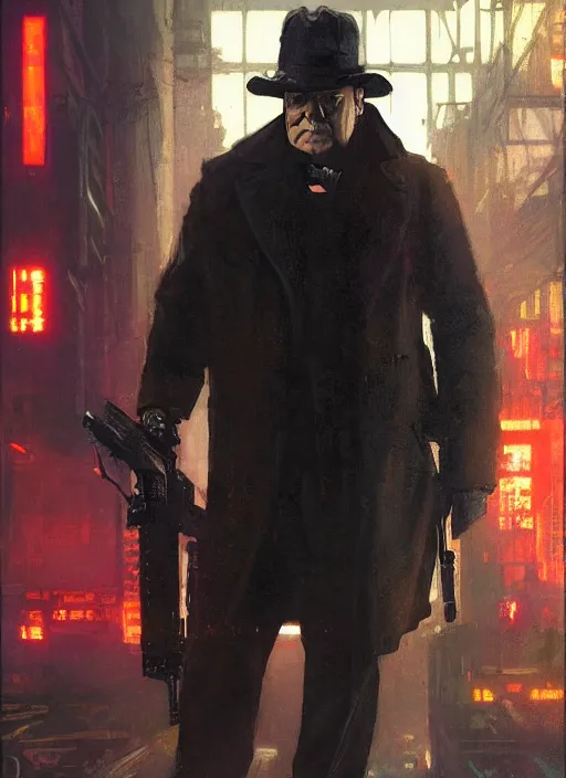 Prompt: Winston Churchill. Cyberpunk assassin in tactical gear. blade runner 2049 concept painting. Epic painting by Craig Mullins and Alphonso Mucha. ArtstationHQ. painting with Vivid color. (rb6s, Cyberpunk 2077, matrix)