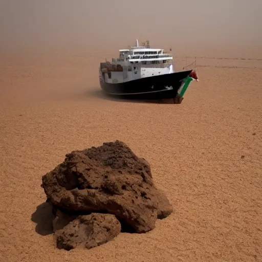 Image similar to a ship in the middle of the desert, sand storm.