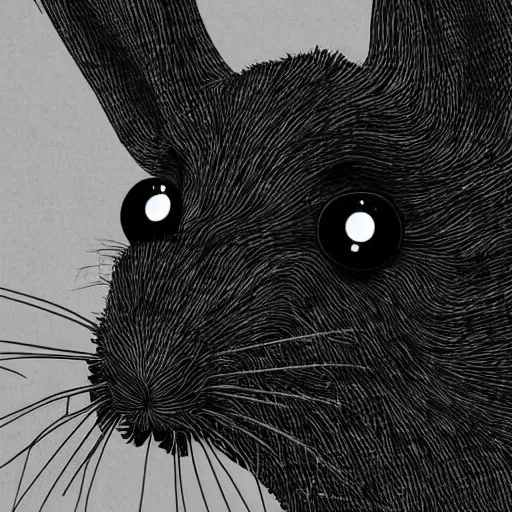 Prompt: A extremely highly detailed majestic hi-res beautiful, highly detailed head and shoulders portrait of a scary terrifying, horrifying, creepy black cartoon rabbit with scary big eyes, earing a shirt laughing, lets be friends, in the style of Walt Disney