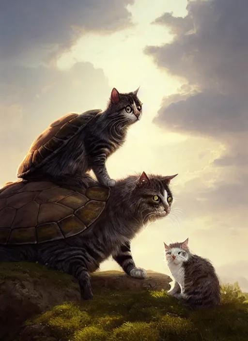 Prompt: Portrait of two scruffy haired cats on a tall mountain sitting on a turtle, realistic, detailed, 4k by Greg Rutkowski Mark Arian trending on artstation