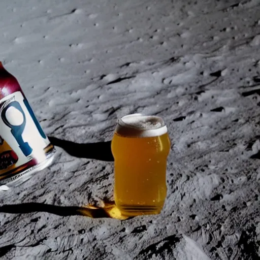 Prompt: photo of an idle electric guitar and an idle beer can next to one another on the moon surface