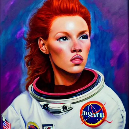 Image similar to redhead fashion model astronaut portrait, hyperrealism oil painting