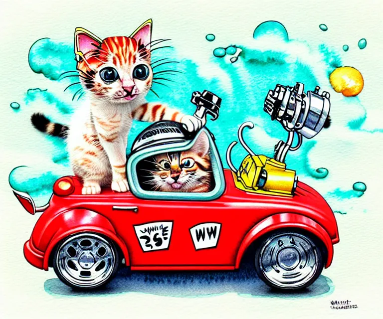 Prompt: cute and funny, kitten wearing a helmet riding in a tiny hot rod with an oversized engine, ratfink style by ed roth, centered award winning watercolor pen illustration, isometric illustration by chihiro iwasaki, edited by range murata, tiny details by artgerm and watercolor girl, symmetrically isometrically centered, sharply focused