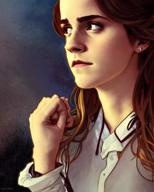 Image similar to Emma Watson as Hermione Granger, medium shot close up, details, sharp focus, illustration, by Jordan Grimmer and Alphonse Mucha and greg rutkowski and PiNe(パイネ) and 薯子Imoko and 香川悠作 and maya takamura, intricate, beautiful, Trending artstation, pixiv, digital Art