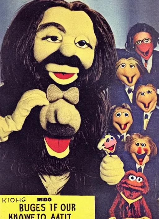 Image similar to vintage magazine advertisement depicting charles manson hosting the muppet show