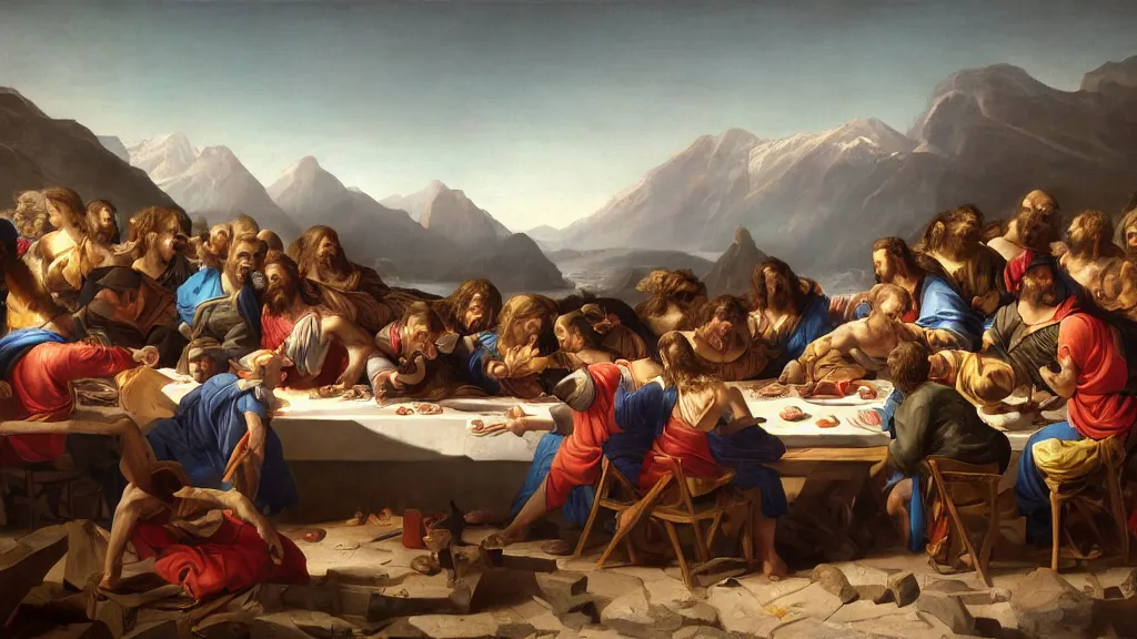 Prompt: a mix between the last supper and the raft of the medusa, with the mountains from napoleon crossing the alps in the back, sunny morning, matte painting, oil canvas, photorealistic illustration, extreme detail, hyper realistic, highly detailed, digital art