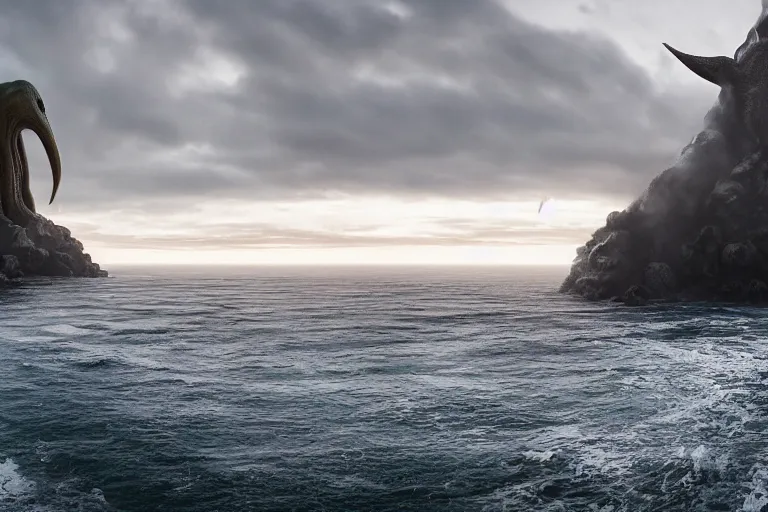 Image similar to giant VFX movie of cthulhu rising out of the ocean in Malibu, towering over, 14mm morning natural light by Emmanuel Lubezki