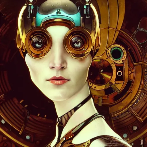 Image similar to close - up portrait of a beautiful female steampunk android in the style of ex machina, karol bak, alphonse mucha, greg rutkowski,